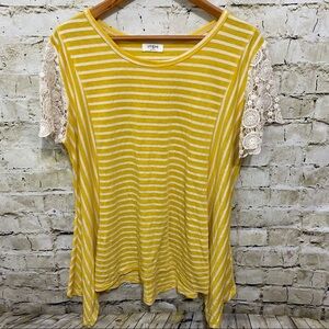 Umgee Oversized Yellow Stripee Crochet Shark Bite Hem Top